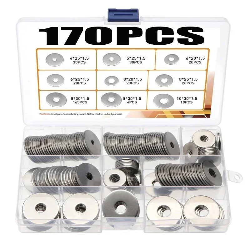 75/170/230PCS Large Flat Washers 304 Stainless Steel Big Plain Washers Gaskets M3 M4 M5 M6 M8 M10 M12 Metal Washer Fasteners Kit