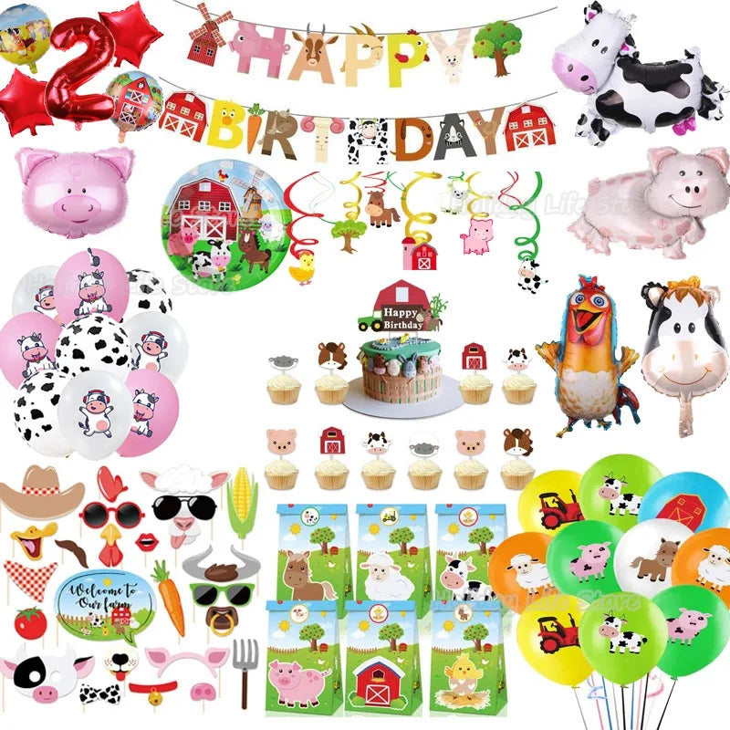 Farm Animal Theme Birthday Party Decorations Ranch Event Suppplies Cow Chicken Disposable Tableware Latex Aluminum Foil Balloon