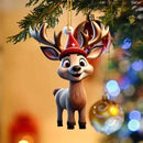 2D Acrylic Cartoon Fawn Christmas Tree Pendant Christmas Cartoon Cute Christmas Hat Fawn Print Easter Decorations