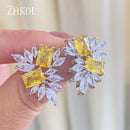 ZAKOL Fashion Yellow Leaf Stud Earrings for Women Shinny Geometry Cubic Zirconia Bridal Earring Wedding Party Jewelry