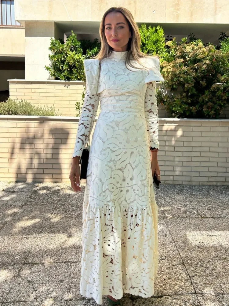 White Lace Stand Collar Long Sleeve Maxi Dress Women Hollow Out Shoulder Padded Dresses 2024 Spring Elegant Lady Casual Robes