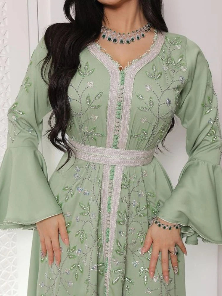 India Turkey Muslim Abaya Ramadan Eid Women Elegant Diamond Wedding Evening Party Dress Belted Jalabiya Gown Morocco Caftan Robe