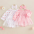 Newborn Clothes Baby Girl Autumn Romper Dress Long Sleeve Crew Neck Red Heart Print Jumpsuit with Bow Headband