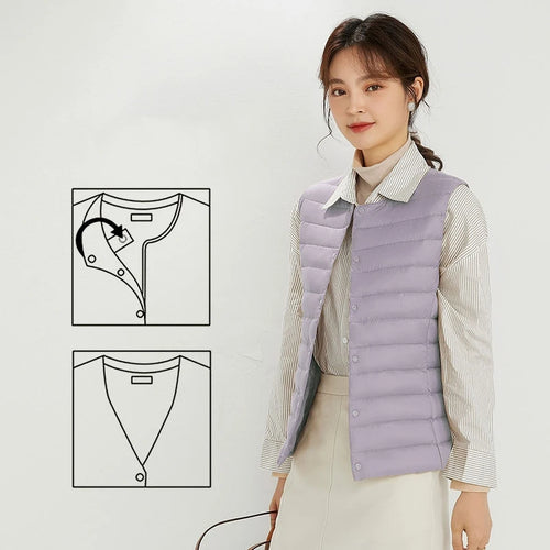 Damenärmellose Pufferweste Damen Ultraleichte Daunenweste Damen Zwei-Wege-Weste Tragbare Warme Ärmellose Winterinnenjacke