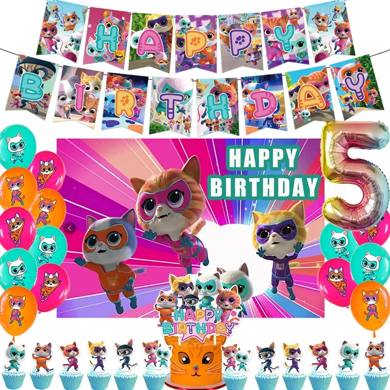 Cartoon Superkitties Birthday Party Decoration Super Kitties Tableware Balloon Cake Topper Party Supplies Baby Shower