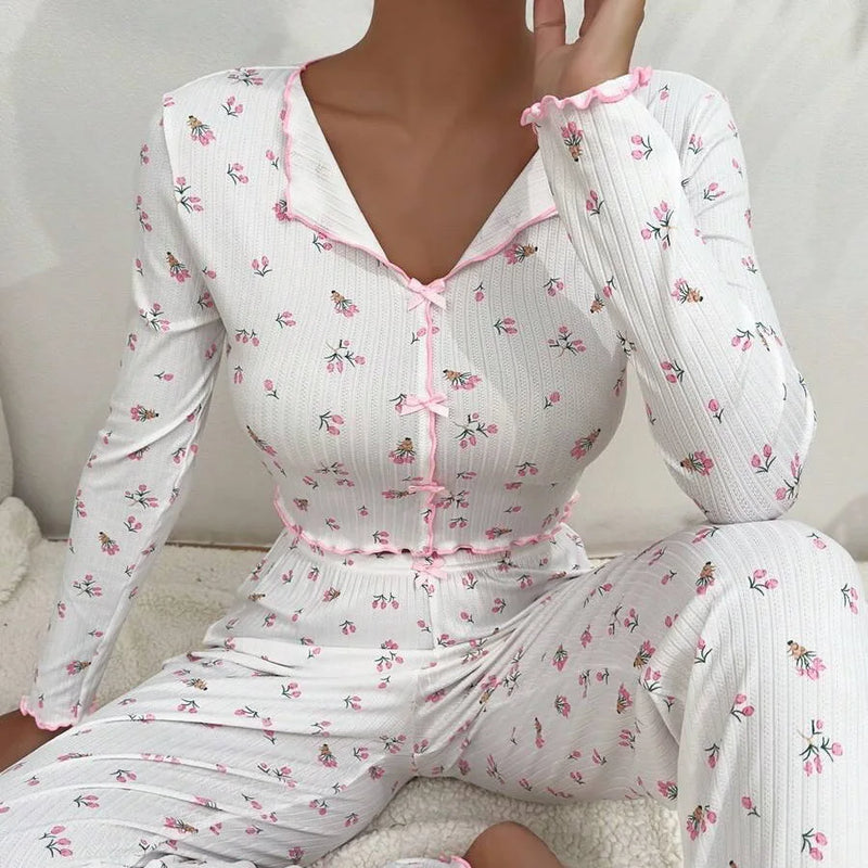 Women's Loungewear  Sets Heart Print Cami Tops Bow lapel Long sleeved and Elastic Waist Pants Sleepwear Spring Summer Pajamas