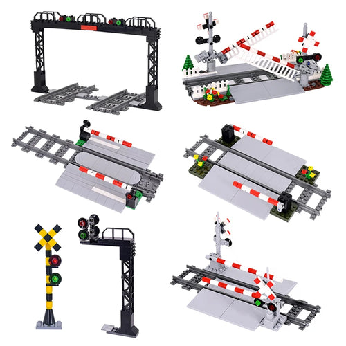 MOC Creative Expert Stadtzug Ampeln Geländer Bahnübergang Schienenschnellzug Bausteine DIY Spielzeug für Kinder Geschenke