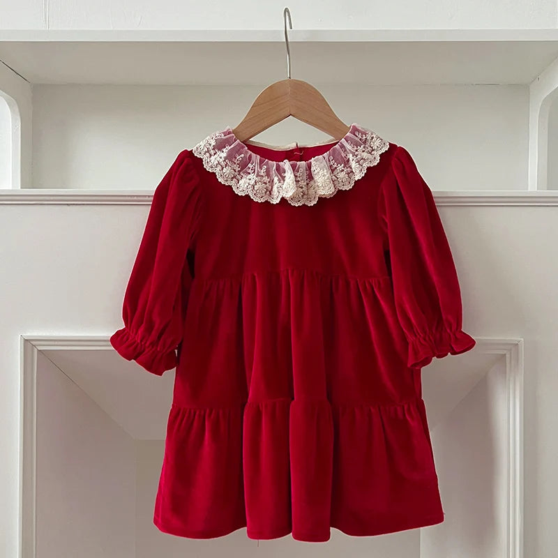 Christmas Party Dress Baby Girl Lace Princess Ruffle Satin Finish Dress Fashion Christmas Holiday Autumn Winter Wear Kids Girl