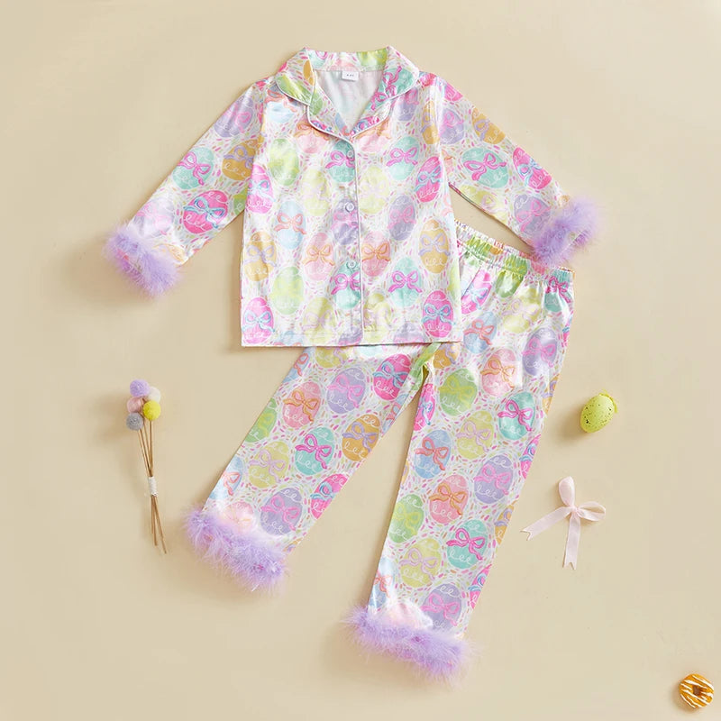 Easter Boys Pajamas Set Bunny Print Cozy Long Sleeve Tops with Matching Pants Sleepwear for Kids