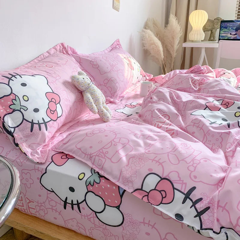 Sanrio Hello Kitty Cotton Bedding Set Cute Double Flat Sheet Duvet Cover Pillowcase Bed Linens Girl Dorm Bedclothes Home Textile