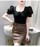Women's Chic Youthful Square Neck Puff Sleeve T-Shirt Shimmery Floral Summer Blouse  Slim Fit Trendy Top