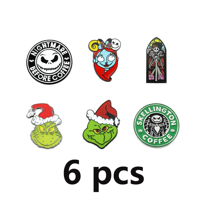 6 Pcs Terror The Nightmare Before Christmas Brooch Cartoon  Jack Skellington Sally Maleficent Enamel Pin Metal Badge Jewelry