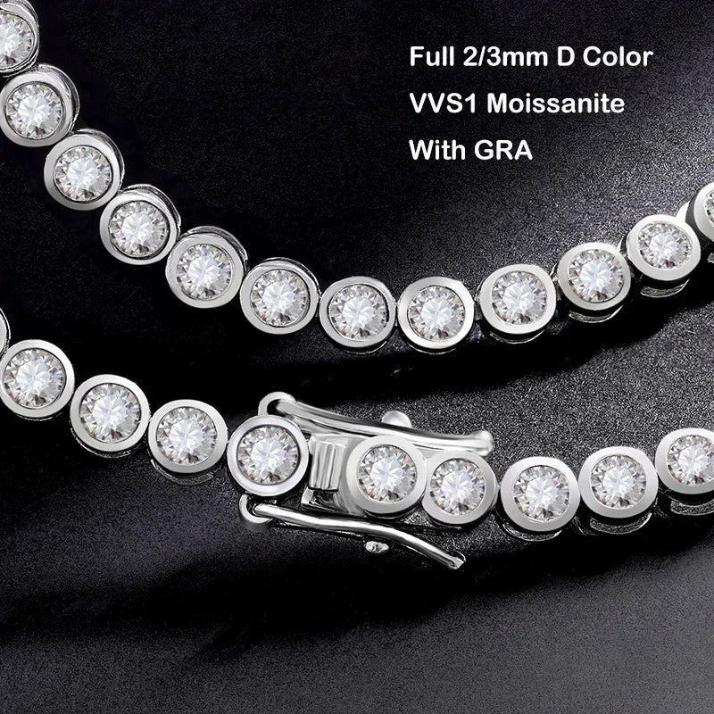 EWYA Sparkling 2/3mm Full Moissanite Tennis Bracelet for Women Party S925 Silver Plated 18K Pass Diamond Test Bezel Bracelets