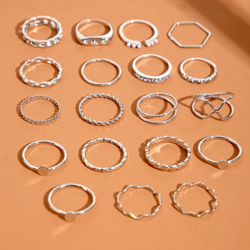 Vintage Silver Color Geometric Wave Ring Set For Women 20pcs/set Metal Cross Pearl Hollow Finger Ring 2023 Trendy Jewelry Gifts