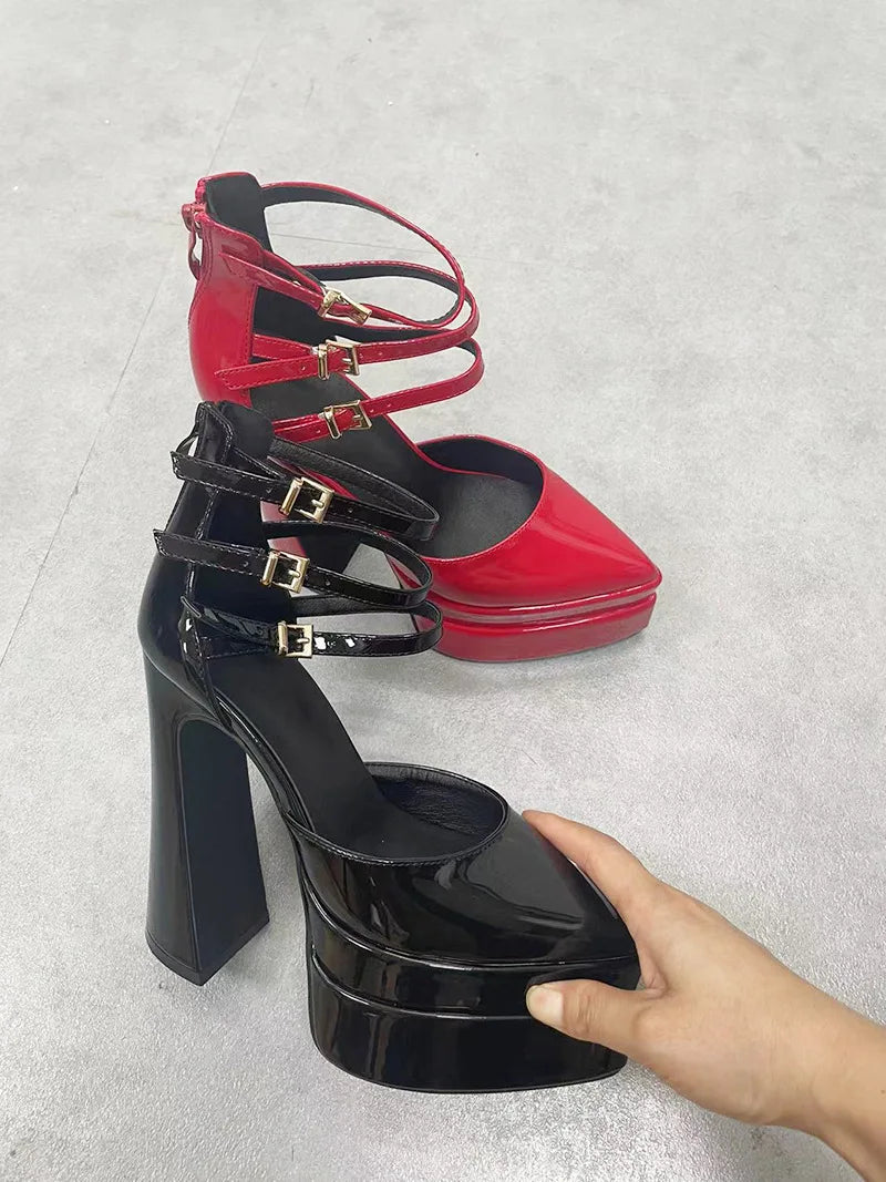 Sexy Pointed Toe Buckle Platform Super High Heels Sandals for Women 2023  leather Party Shoes Woman Pumps