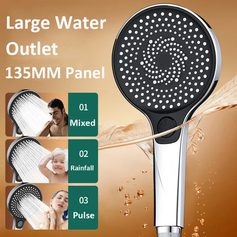 New High Pressure Big 135mm Panel Shower Head Black 3 Modes Water Saving Spray Large Outlet Nozzle Massage Rainfall Bath Shower