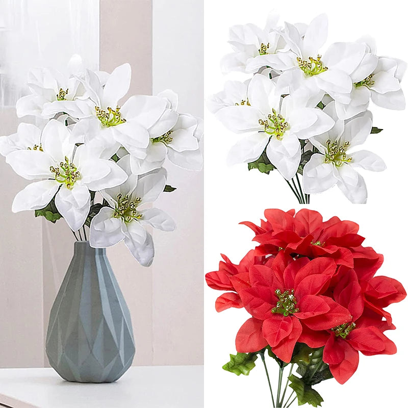 Poinsettia Shrubs 7 Heads Fabric Christmas White Silk Flower Fake Red Plants Festival Wedding Bouquet Home Decoration