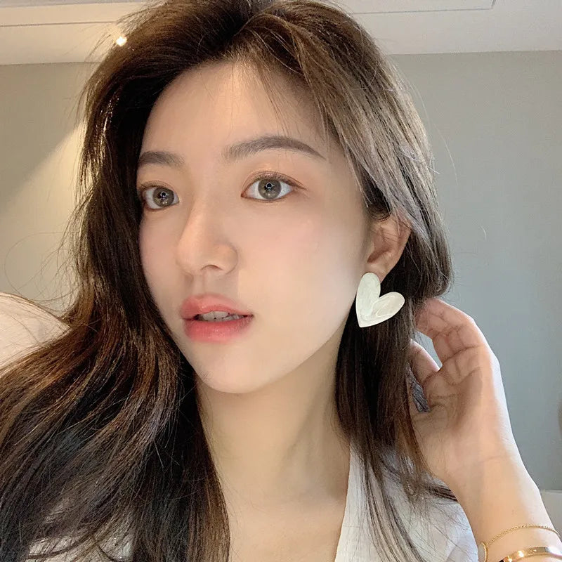 LATS White Color Big Heart Stud Earrings for Women Girl Korean Love Drop Glaze Aesthetic Daily Life Minimalist Earring Jewelry