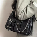 Y2k Womens Shoulder Bag Harajuku Fashion Gothic Casual Black Chains Handbag Hot Girls Pu Leather Ladies Motorcycle Bag Sac
