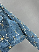 DEAT Women's Denim Jacket O-neck Embroidered Flares Diamond Pearls Buttons Plaid Elegant Coat 2025 Summer New Fashion 29L6353