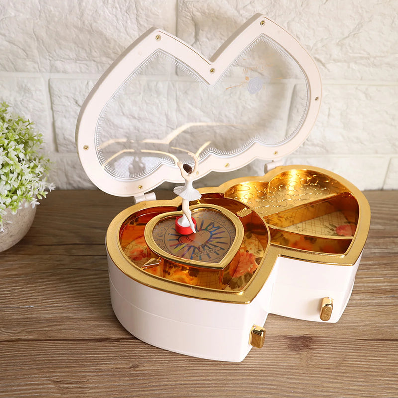 Ballet Dancer Music Box Double Heart Shaped Jewelry Storage Case Ballerina Musical Box Gift For Girls