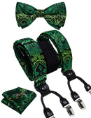 DiBanGu Mens Adjustable Silk Suspenders Bow Tie Cufflinks Pocket Square Set Metal Clips Y back Elastic Braces Wide Strap 3.5CM