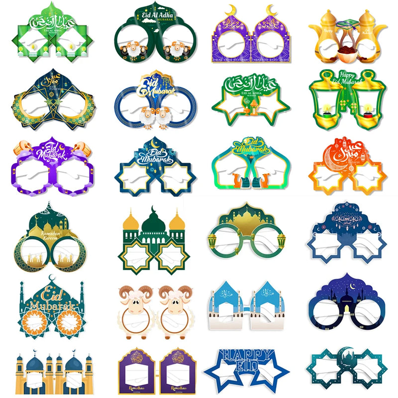 12/6pcs EID Mubarak Decoration Paper Glasses Frame Ramadan Islamic Muslim Photo Booth Props Kids Gift Eid Al Adha Party Supplies
