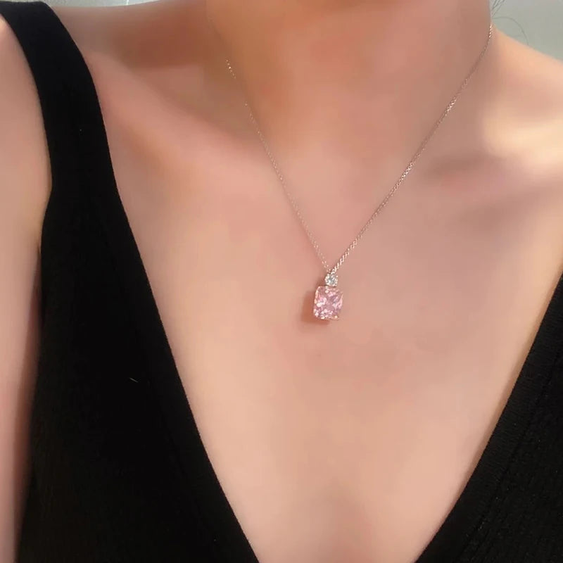 Huitan Two-tone Pendant Necklace with Pink Cubic Zirconia Sweet Women's Neck Accessories Wedding Party Luxury Fashion Jewelry