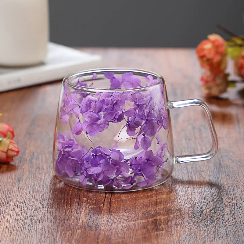 200ml Double Wall Coffee Mug With Handles Clear Milk Cups Gifts Glass Cup Fill Artificial Simulation Flowers Teacup