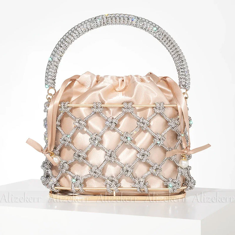 Knotted Rhinestone Rope Clutch Purses Women Boutique Handmade Woven Shiny Crystal Hollow Out Metal Cage Handbags Wedding Party