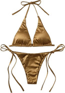 Sexy Women's Metallic Halter Top Two Piece Swimsuit Tie Side Triangle Bikini Summer Solid Bathing Suit Beachwear Bikini Set