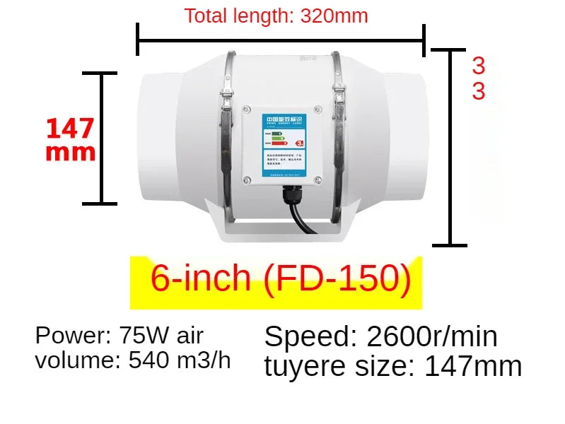 4"5"6" Electric Exhaust Fan Silent Pipe Duct Fan Bathroom Extractor Ventilation Kitchen Toilet Wall Air Cleaning Window Fan