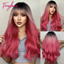 Burgundy Dark Red Synthetic Wigs Long Wavy Wine Red Cosplay Wig with Bangs for Women Natural Body Wave Halloween Heat Resistant