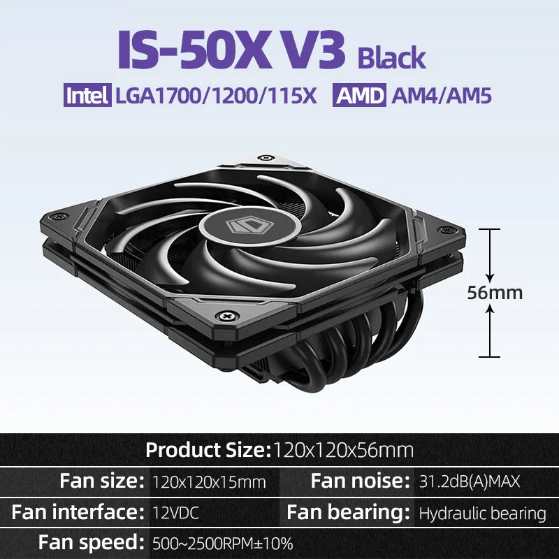 ID-COOLING IS-50X ITX Air-cooling CPU Cooler 5 Heat Pipes 4Pin PWM 12015 Fan For Intel LGA 1700 1200 AM4 AM5 Processor Cooler