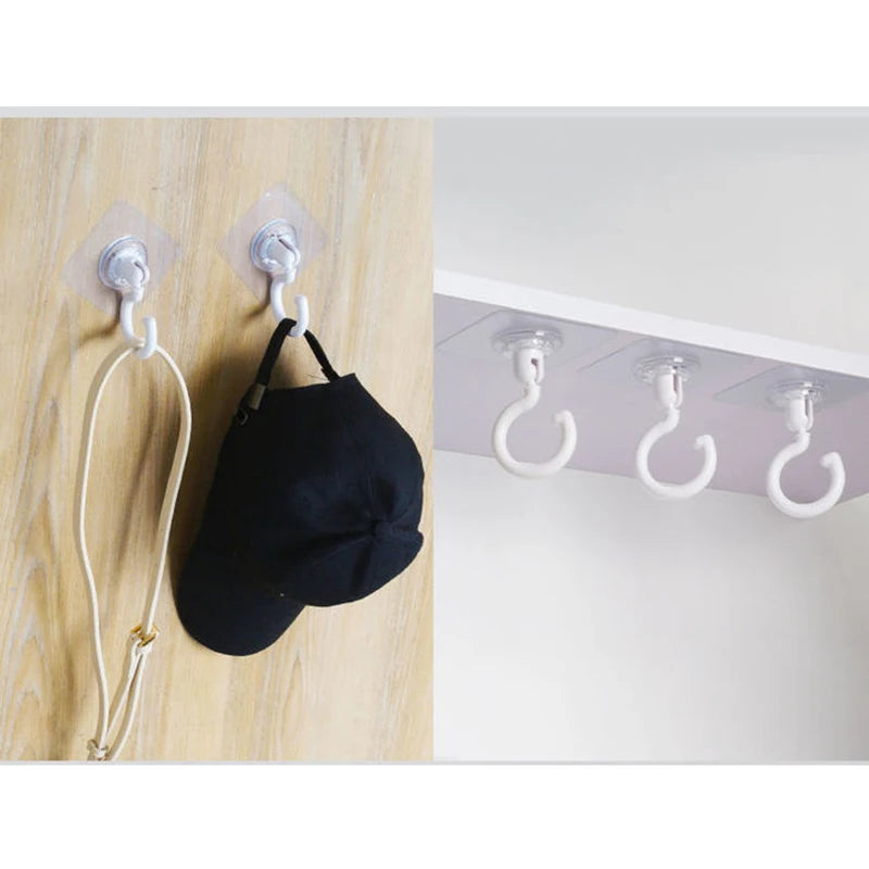 8pcs Self-Adhesive Hooks 360° Swivel Wall Ceiling Extra Strong Transparent Hanger Organizer Large Towel Hooks Bathroom Kitchen D