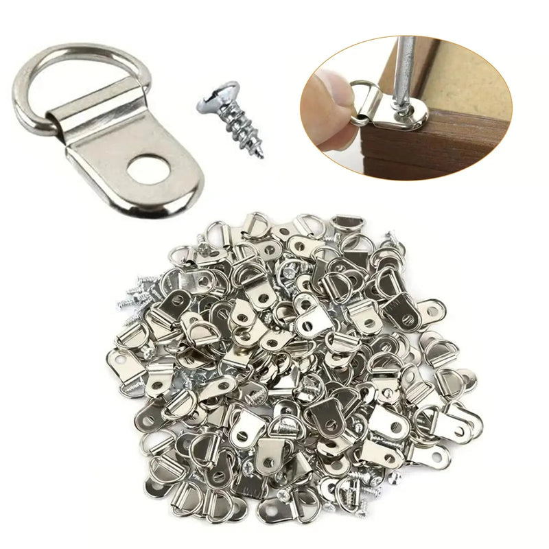 100Pcs Round D Ring Buckle, Photo Wall Hook With Screws, Oil Painting Mirror Picture Frame Hanger