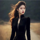 OCEANLOVE Autumn Winter Dresses for Women Hepburn Style Vintage Solid Black Vestidos Mujer Stand Collar Elegant Long Dress