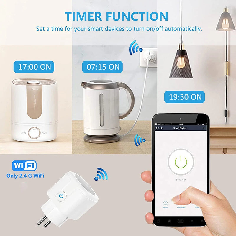 Tuya 16A,20A Smart Plug WiFi Socket EU Power Monitoring Timing Function Works with Alexa, Google Home, Alice, Smart Life Home