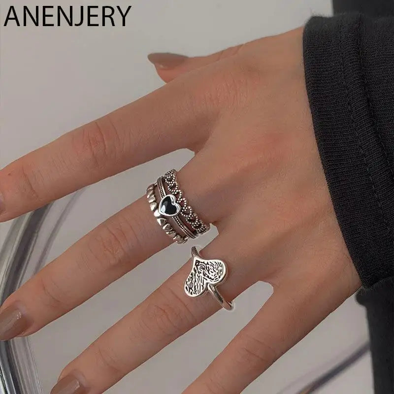 ANENJERY Silver Color Multilayer Heart Rings for Women Men Handmade Love Heart Thai Silver Rings Jewelry