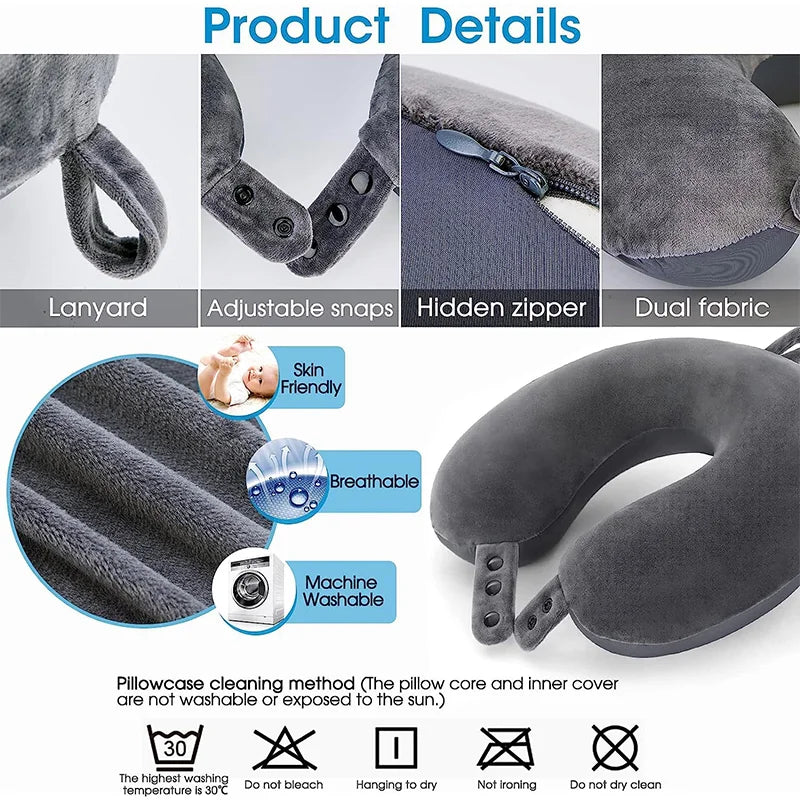 Travel Pillow Memory Foam Head Neck Airplane Pillow Traveling Car Home Office Travel Neck Flight Pillow Snap Strap Soft Cover