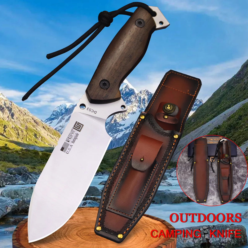 WPKOPYA USA DC53 Steel Outdoor Hunting Knife + Leather sheath, Jungle Camping Survival Knife, Outdoor Adventure EDC tool knife