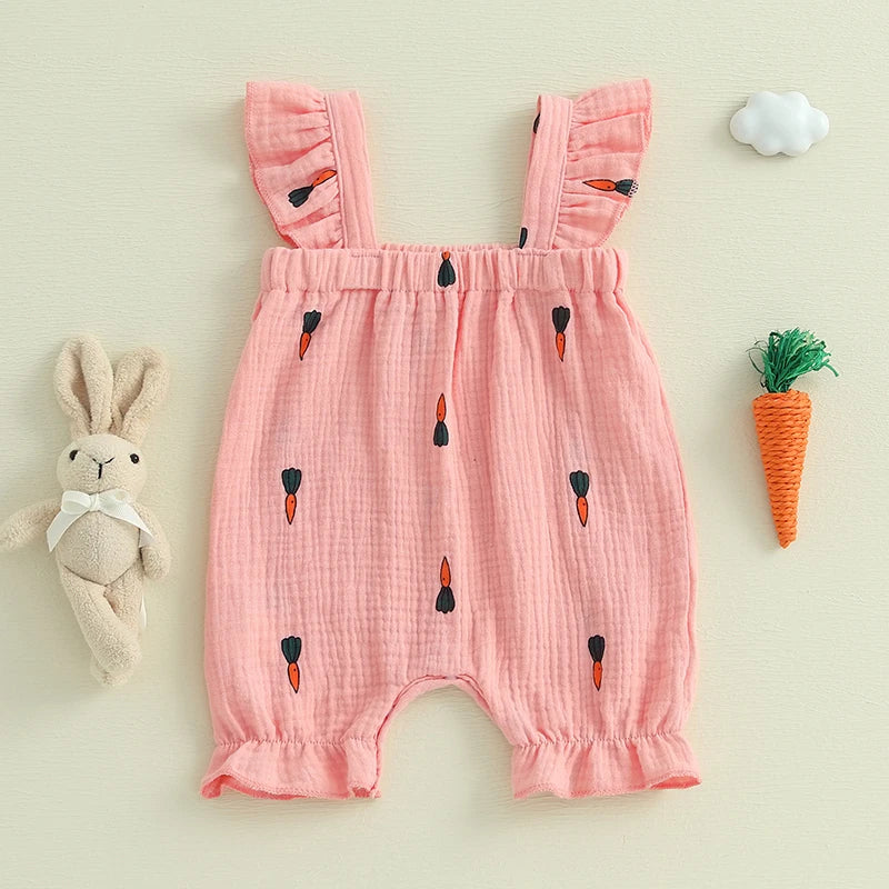Toddler Boys Easter Outfits Bunny Print Short Sleeve Rompers Summer Clothes Jumpsuits with Carrot Applique