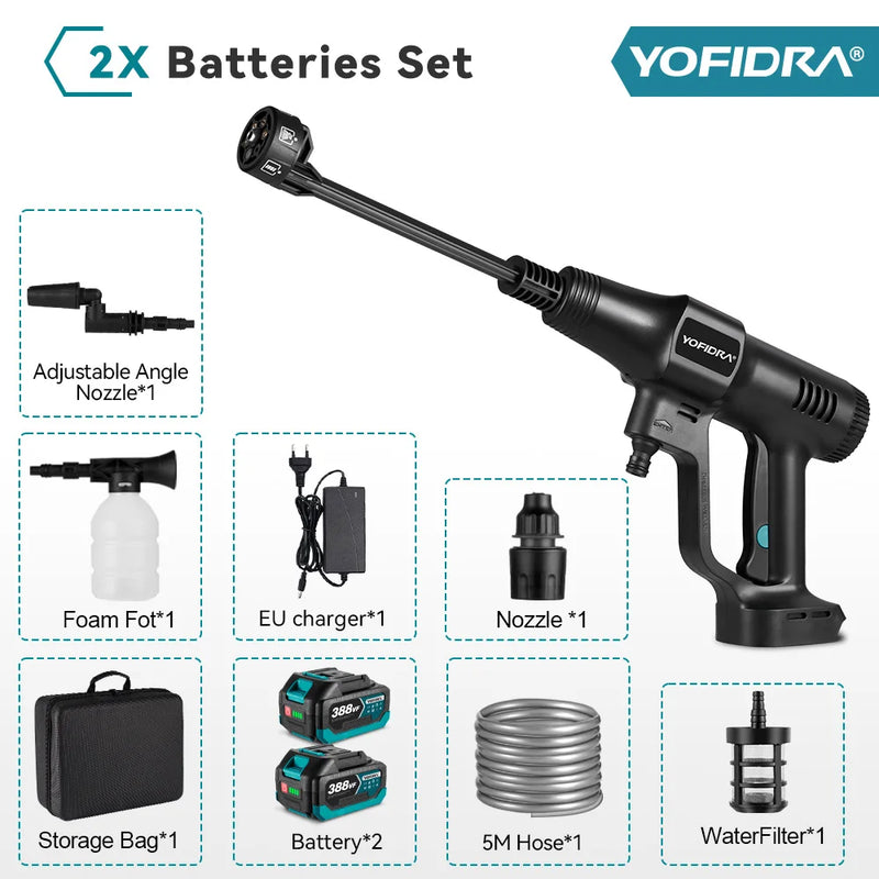 YOFIDRA 6 IN1 High Pressure Car Water Spray Gun 200Bar Cordless Garden Washing Machine Cleaner Power Tool For 21V 18V Battery