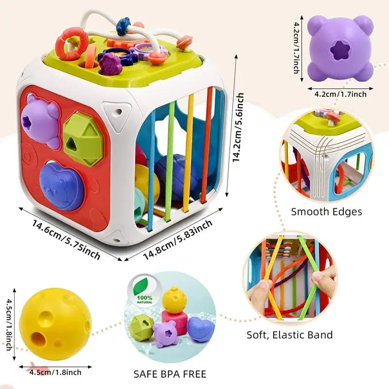 Montessori Sensory Toys Baby Activity Cube Shape Sorter Pull String Toys Fine Motor Training Games Stacking Blocks Activity Cube