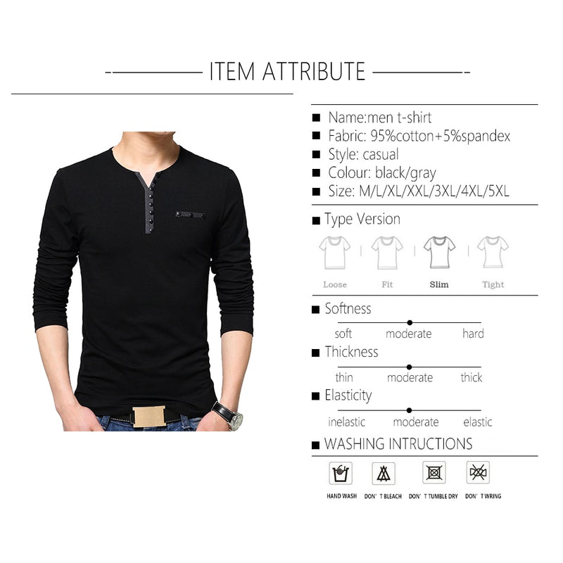 TFETTERS Autumn Casual T Shirt Men Henry Collar Solid Color Slim Fit Long Sleeve T Shirt Cotton Plus Sizes M-5XL Tops&tees