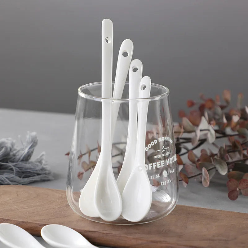 5/10/20/30PCS Ceramic Long Handle Spoons Flatware Dessert Spoon Ice Cream Spoon Tableware Tea  Honey Supplies Kitchen Tools