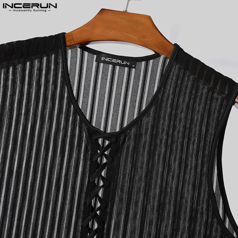 INCERUN Men Tank Tops Transparent Lace Up Mesh O-neck Sleeveless Male Vests Summer Streetwear 2024 Skinny Fashion Men Clothing