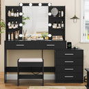 Quimoo 48" Large Vanity Desk with Mirror and Lights, Makeup Vanity with 6 Drawers, Power Outlet, 4 Storage Shelves & Stool,Black