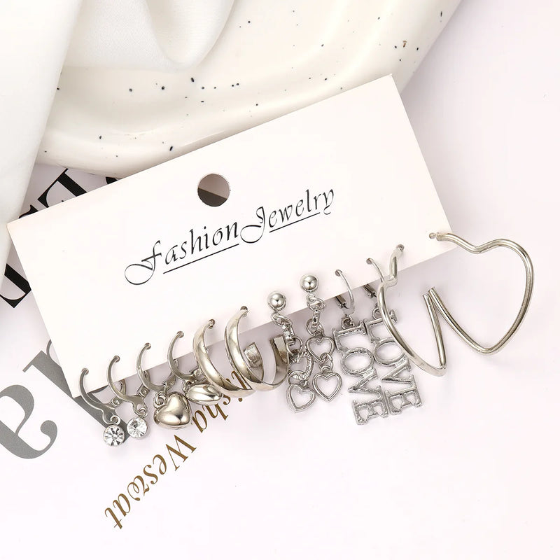 Silver Color Heart Dangle Earrings Set Vintage Butterfly Metal Geometric Drop Earring for Women 2023 Fashion Trendy Jewelry Gift