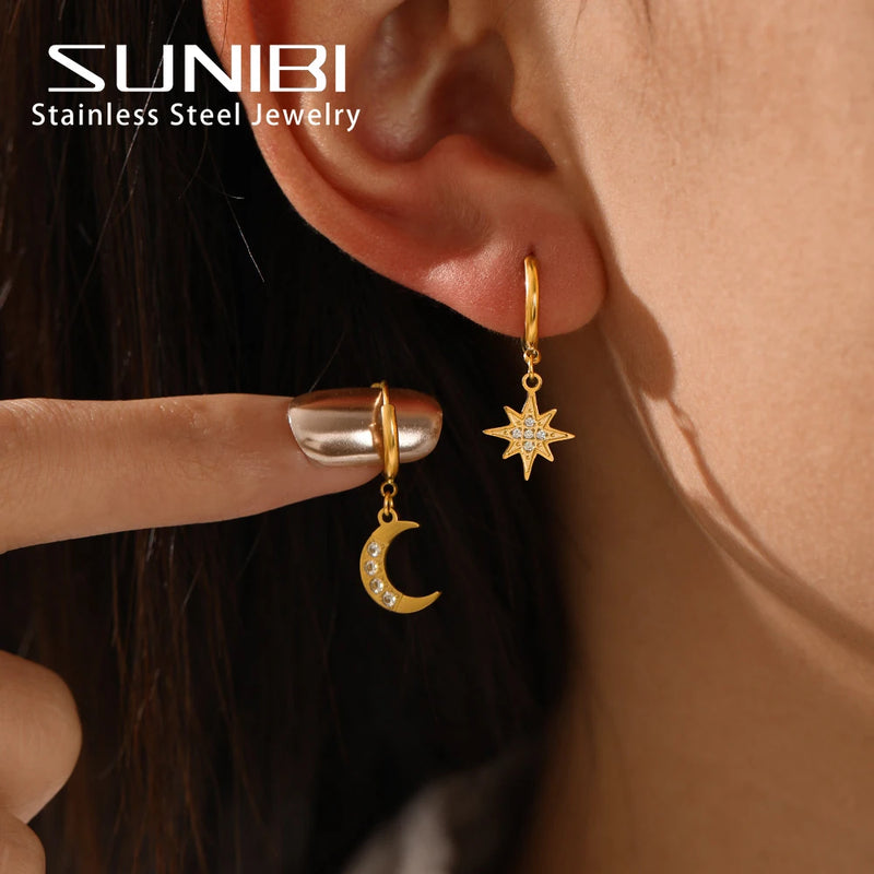 SUNIBI Stainless Steel Drop Earrings for Women Girl Star Moon Pendant Earrings Fashion Party Gifits Wedding Jewelry Wholesale